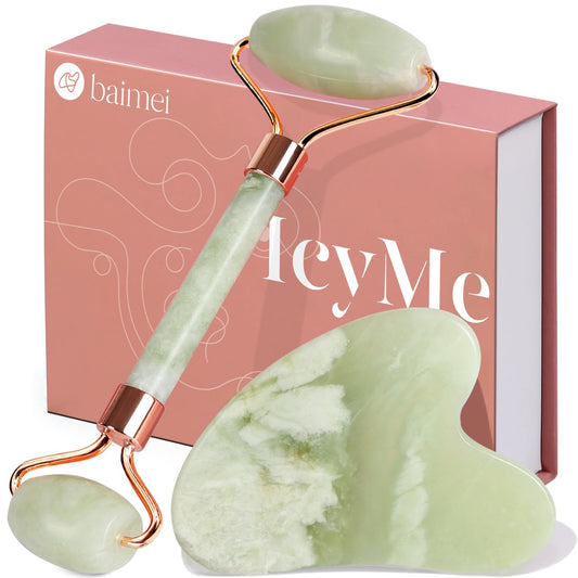 BAIMEI Jade Roller & Gua Sha Set Face Roller and Gua Sha Facial Tools for Skin Care Routine and Puffiness, Self Care Gift for Men Women - Light Green