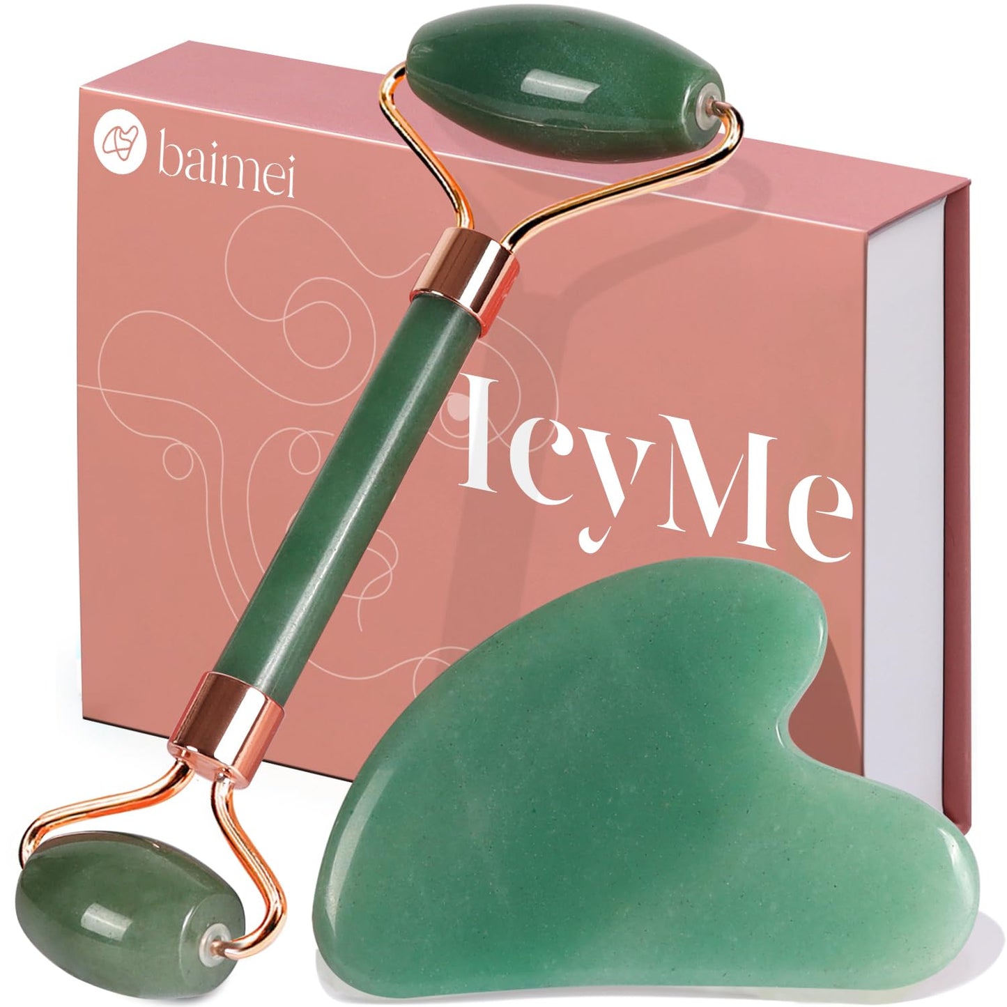 BAIMEI Jade Roller & Gua Sha Set Face Roller and Gua Sha Facial Tools for Skin Care Routine and Puffiness, Self Care Gift for Men Women - Light Green