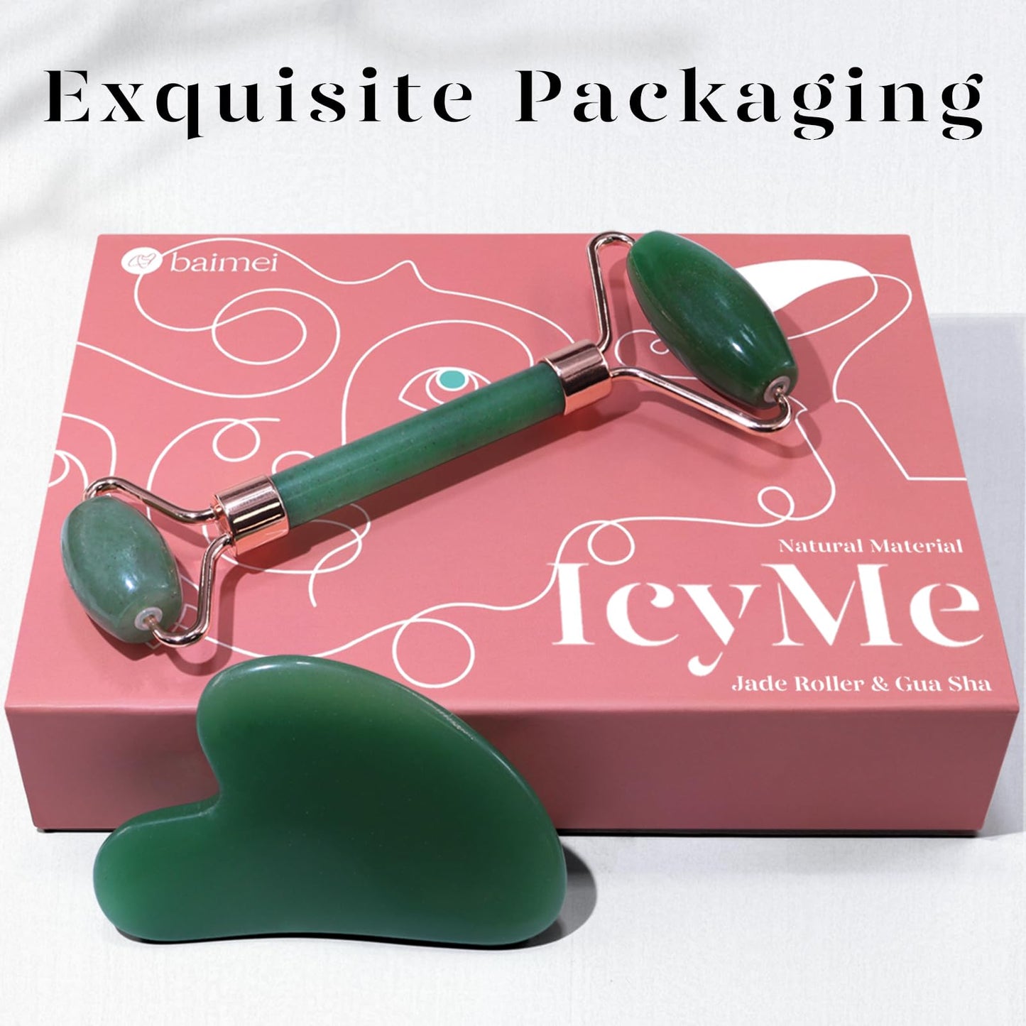 BAIMEI Jade Roller & Gua Sha Set Face Roller and Gua Sha Facial Tools for Skin Care Routine and Puffiness, Self Care Gift for Men Women - Light Green