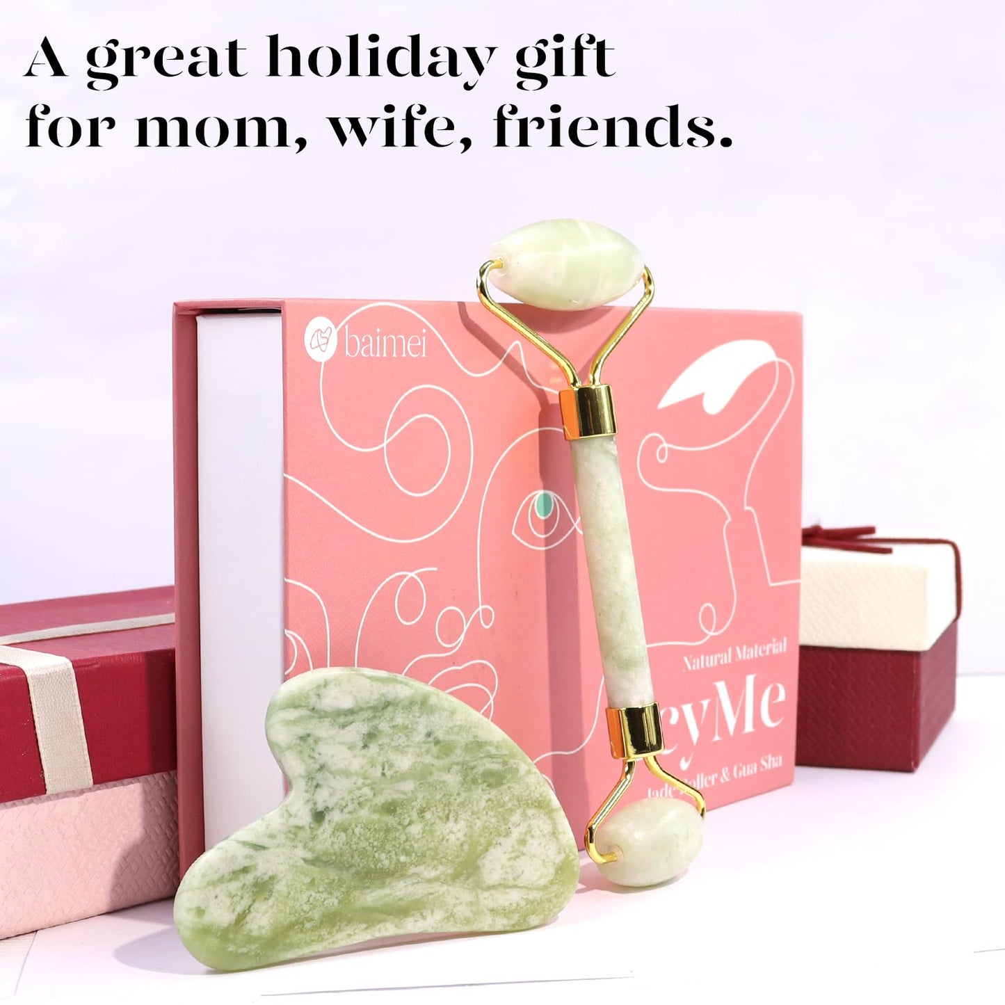 BAIMEI Jade Roller & Gua Sha Set Face Roller and Gua Sha Facial Tools for Skin Care Routine and Puffiness, Self Care Gift for Men Women - Light Green