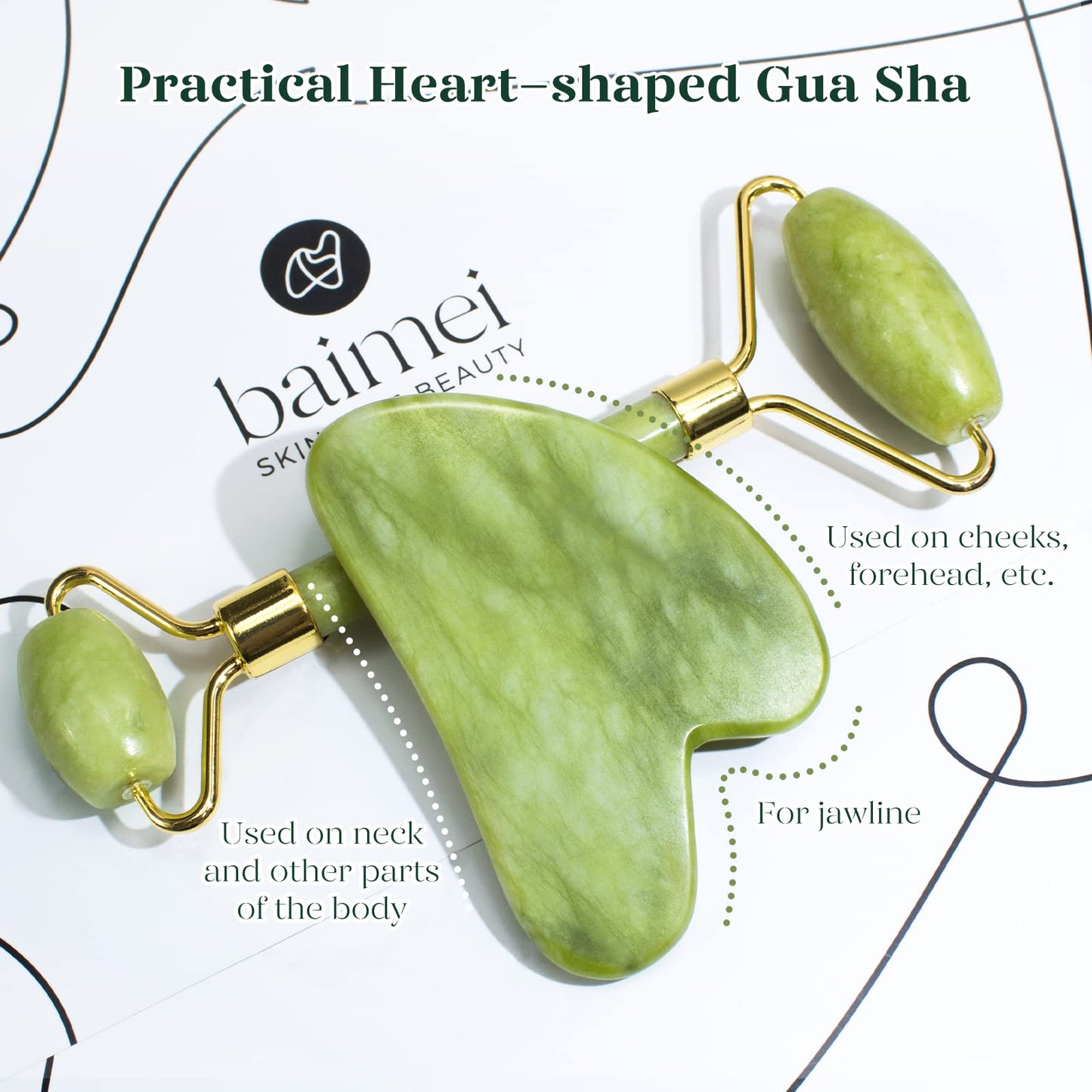 BAIMEI Jade Roller & Gua Sha Set Face Roller and Gua Sha Facial Tools for Skin Care Routine and Puffiness, Self Care Gift for Men Women - Light Green