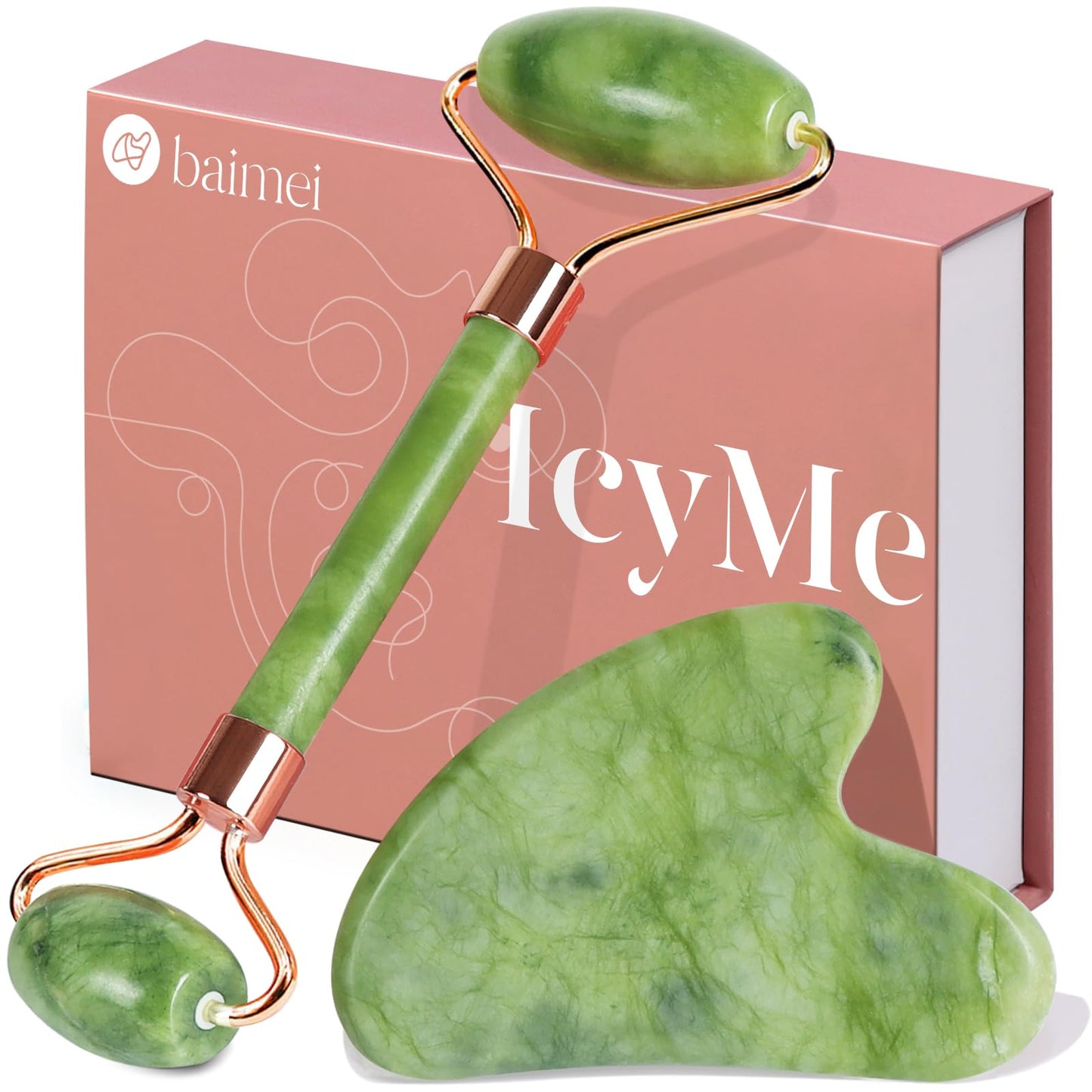 BAIMEI Jade Roller & Gua Sha Set Face Roller and Gua Sha Facial Tools for Skin Care Routine and Puffiness, Self Care Gift for Men Women - Light Green